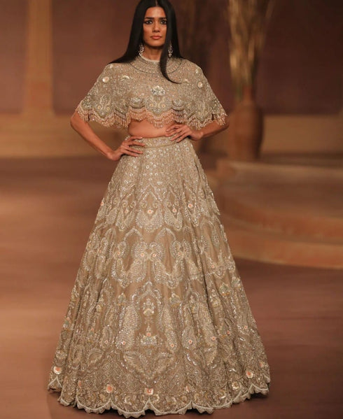 Beige Gold Cape Lehenga Set