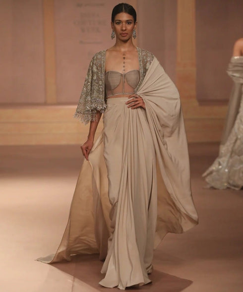 Beige Georgette Pre-Draped Saree