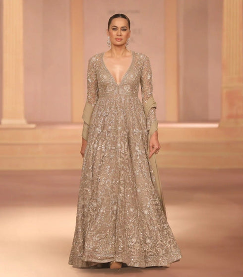 Beige Gold Net Anarkali Set