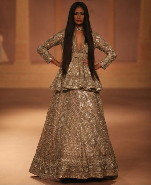 Beige Gold Peplum Lehenga Set