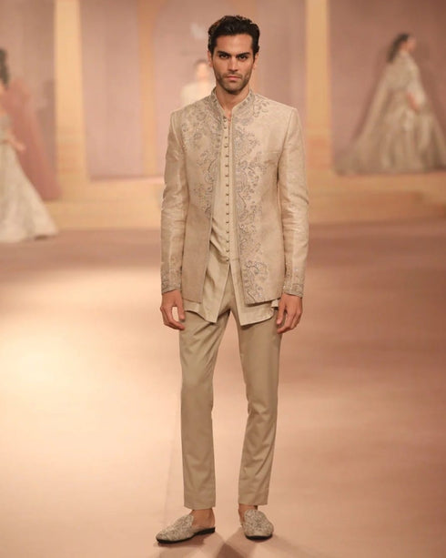 Beige Gold Raw Silk Bandhgala