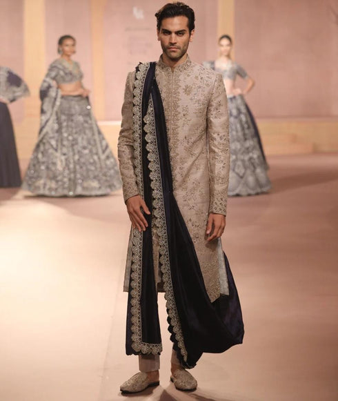 Beige Raw Silk Sherwani Set