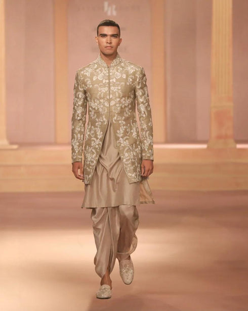 Beige Raw Silk Sherwani Set