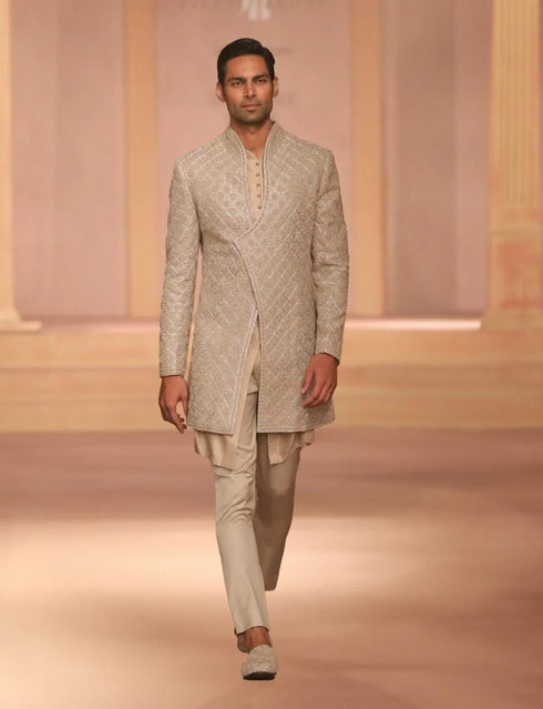 Gold Raw Silk Sherwani Set