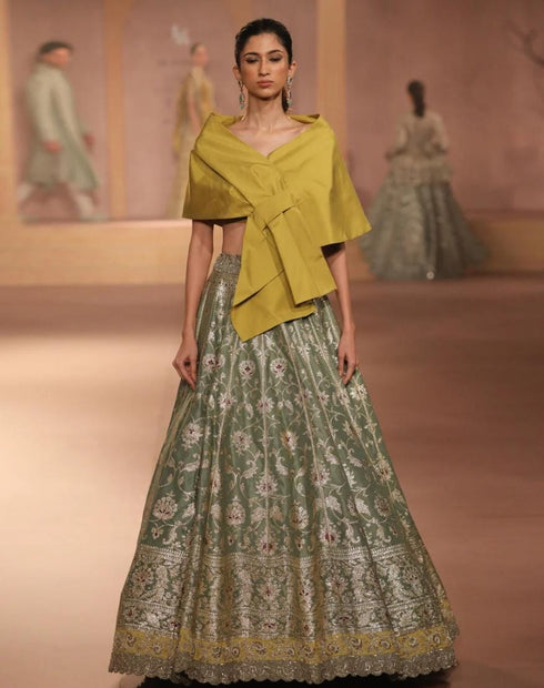 Mint And Mustard Lehenga Set