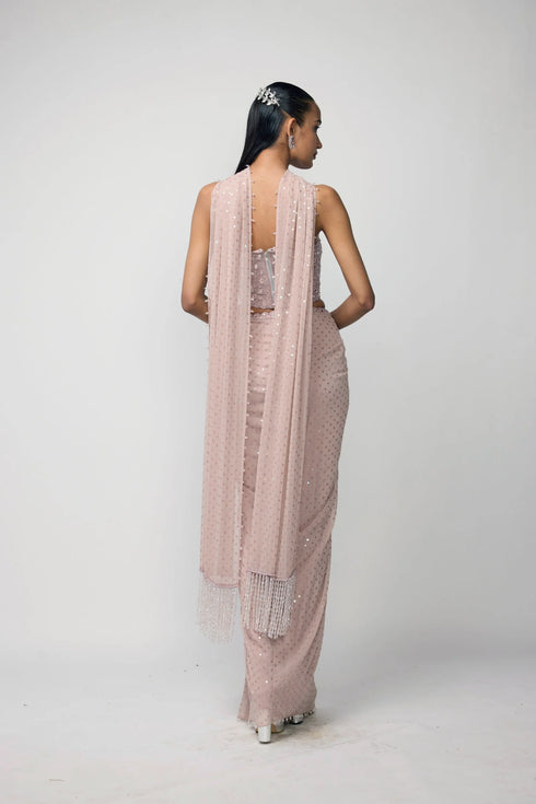 Ash Pink Draped Sequins Embroidered Skirt Set