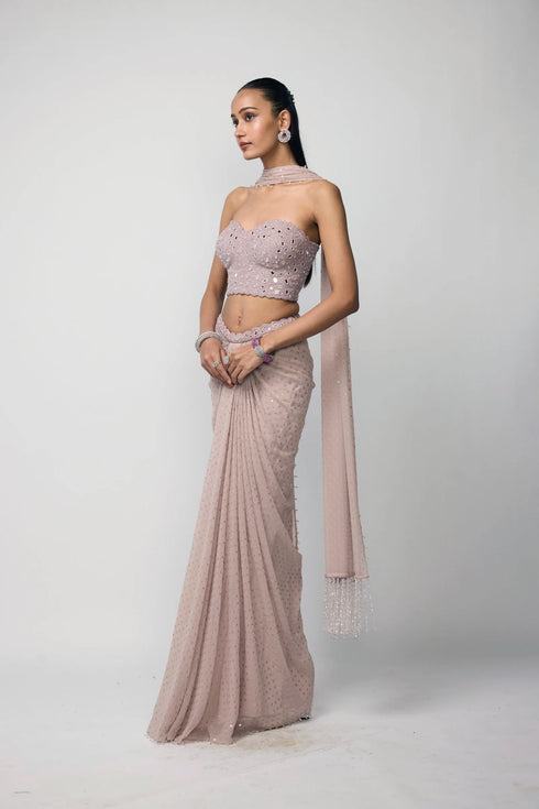 Ash Pink Draped Sequins Embroidered Skirt Set