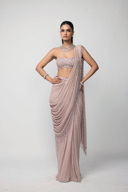 Ash Pink Drapded Saree Set