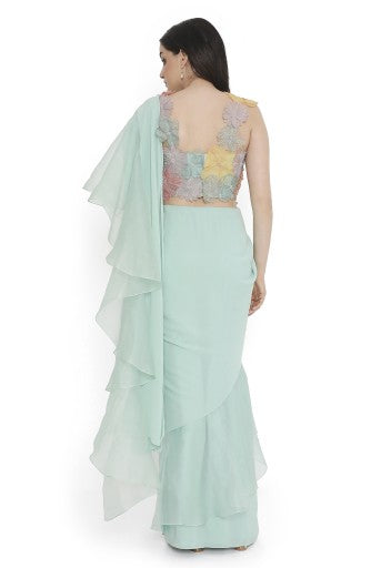 Aqua Embroidered Choli With Pre-Stitched Ruffled Saree