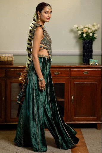 Benazir Emerald Green Embroidered Back Tie-Up Choli And Sharara Pant