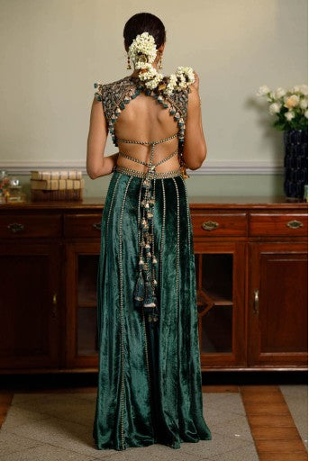 Benazir Emerald Green Embroidered Back Tie-Up Choli And Sharara Pant