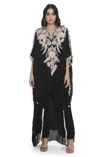 Black Embroidered High Low Kaftan With Jogger Pant