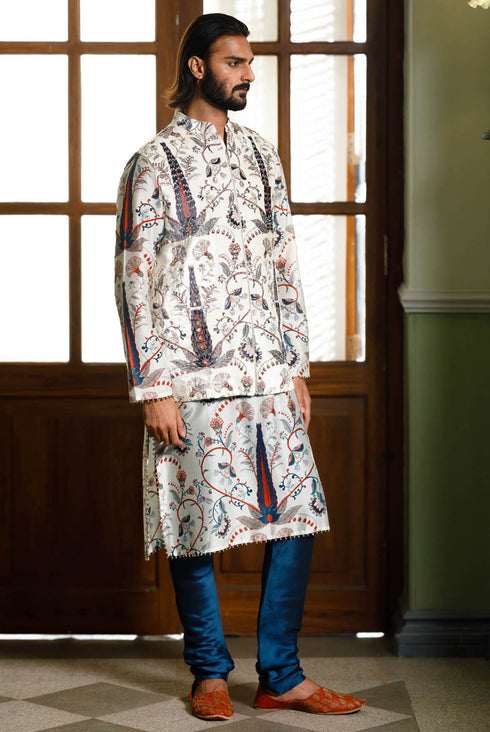 Blue Embroidered Forest Whisper Printed Bandi And Printed Kurta With Churidar