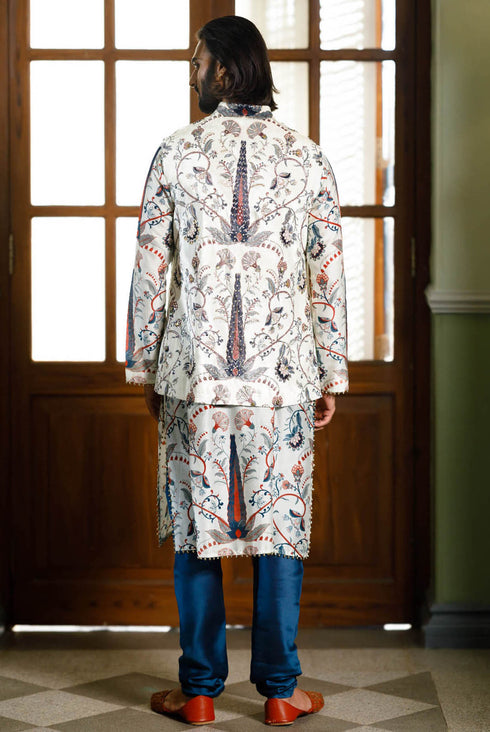 Blue Embroidered Forest Whisper Printed Bandi And Printed Kurta With Churidar