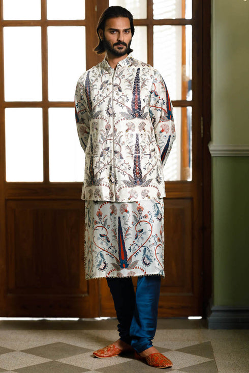 Blue Embroidered Forest Whisper Printed Bandi And Printed Kurta With Churidar