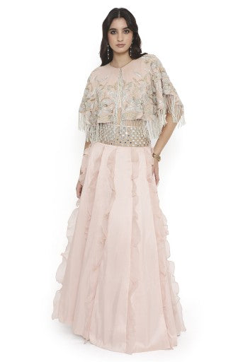 Blush Pink Embroidered Cape And Bustier With Ruffled Lehenga
