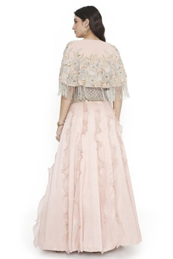 Blush Pink Embroidered Cape And Bustier With Ruffled Lehenga