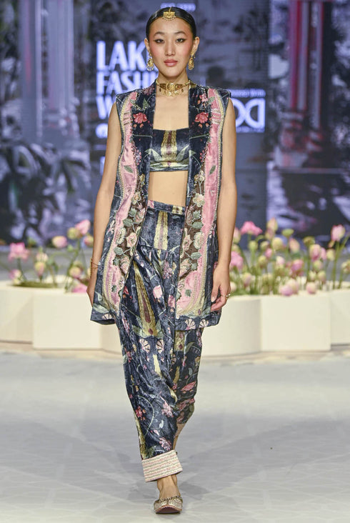 Bushra Black Printed Forest Whisper Embroidered Blazer With Bustier And Embroidered Patiala Salwar