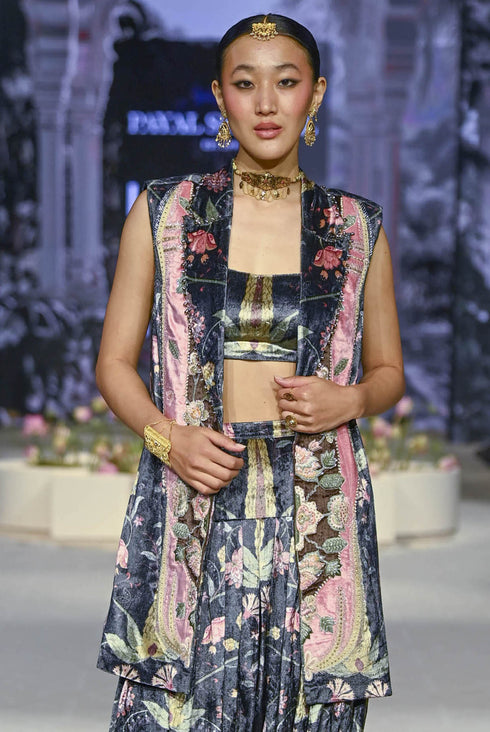 Bushra Black Printed Forest Whisper Embroidered Blazer With Bustier And Embroidered Patiala Salwar