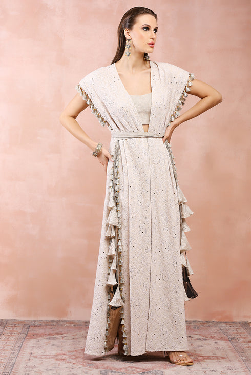 Cream Jacket With Crushed Tissue Bustier And Pant