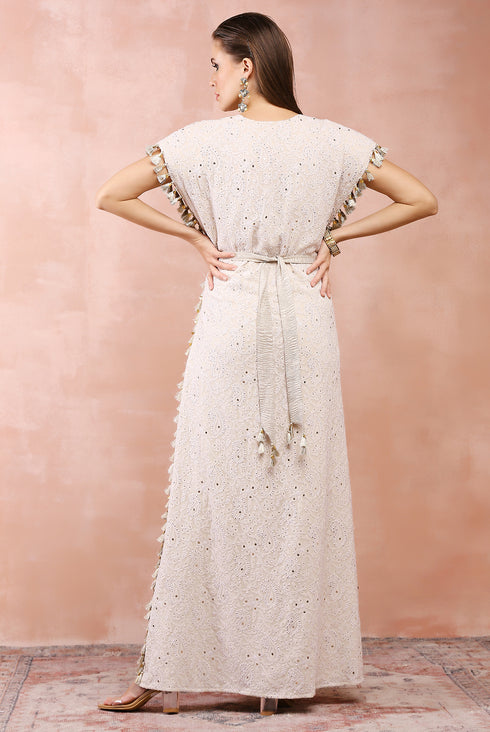 Cream Jacket With Crushed Tissue Bustier And Pant