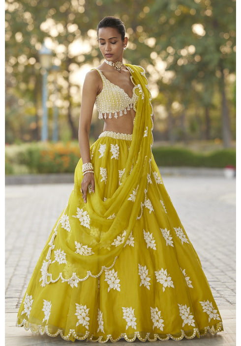 Moss Green Flower Lehenga Set