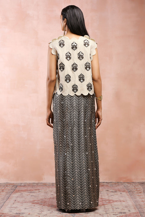 Dull Gold Embroidered Jacket With Black Brocade Bustier And Skirt