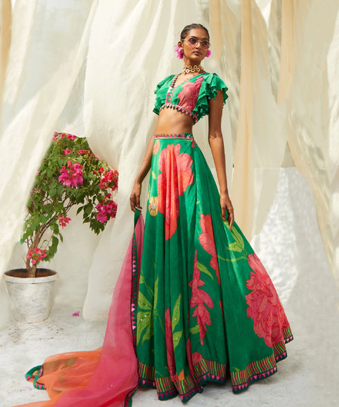 Green Printed Lehenga Set