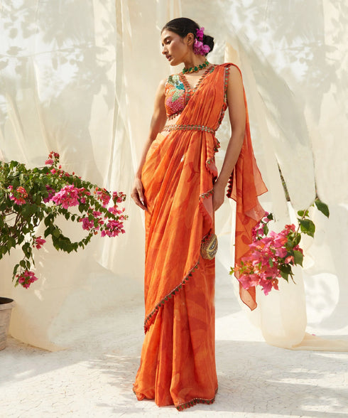 Rust Pre-Draped Saree