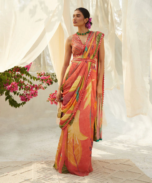 Peach Pre-Draped Saree