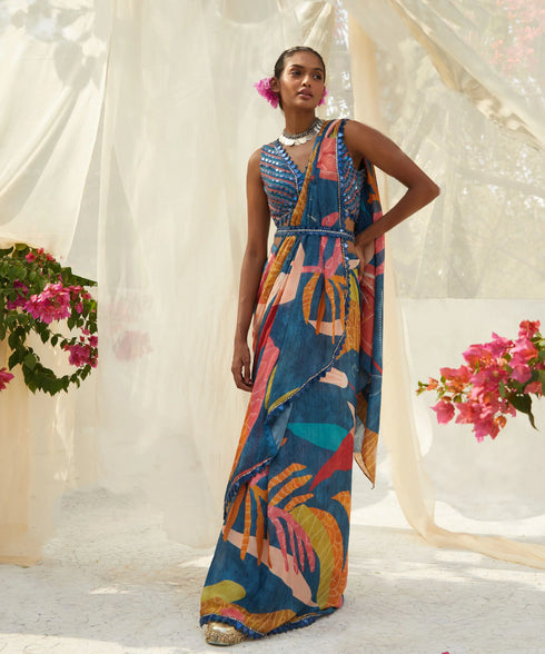 Blue Pre-Draped Saree