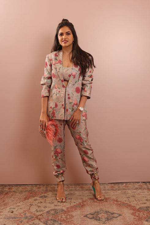 Grey Gulbagh Print Blazer With Bustier And Pant