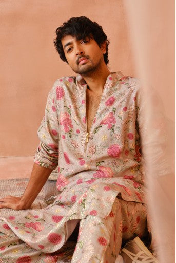 Grey Gulbagh Print Bomber Kurta With Jogger Pant