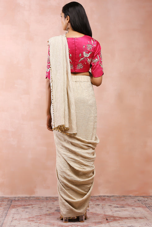 Hot Pink Embroidered Choli With Silver Saree