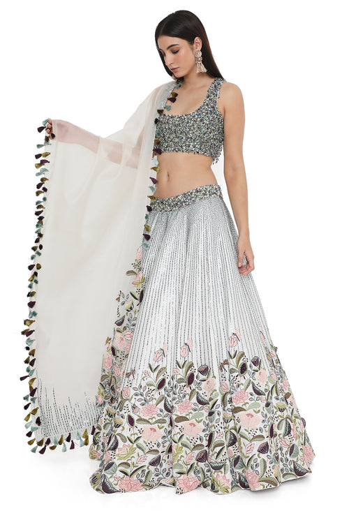 Ivory Embroidered Choli And Embroidered Lehenga With Dupatta