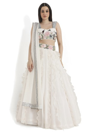 Ivory Embroidered Choli And Ruffle Lehenga With Dupatta