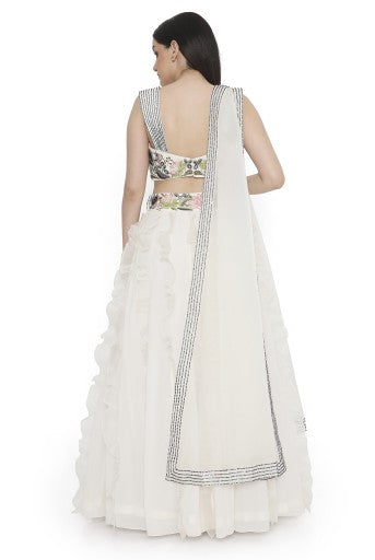 Ivory Embroidered Choli And Ruffle Lehenga With Dupatta