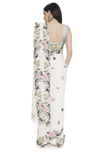 Ivory Embroidered Choli With Embroidered Saree And Petticoat