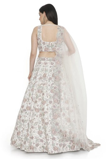 Ivory Embroidered Choli With Lehenga And Dupatta
