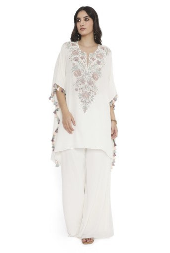 Ivory Embroidered Crepe Kaftan With Crepe Palazzo