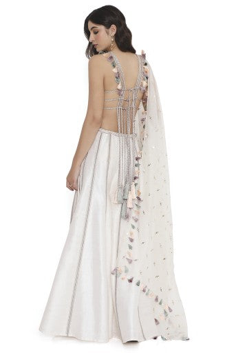 Ivory Pastel Floral Embroidered Dupion Silk Choli With Embroidered Dupion Silk Sharara