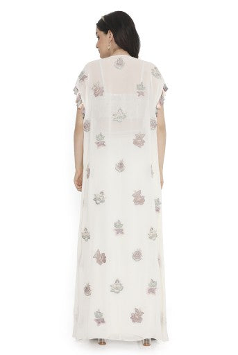 Ivory Georgette Embroidered Bustier With Georgette Embroidered Jacket And Georgette Dhoti Skirt