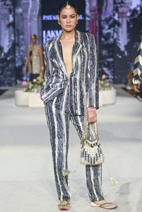 Jabeen Black & White Embroidered Blazer And Pant