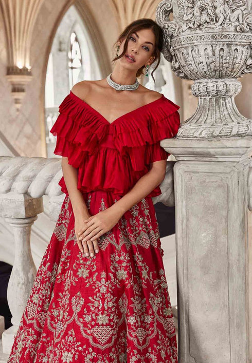 Red Ruffle Top And Lehenga