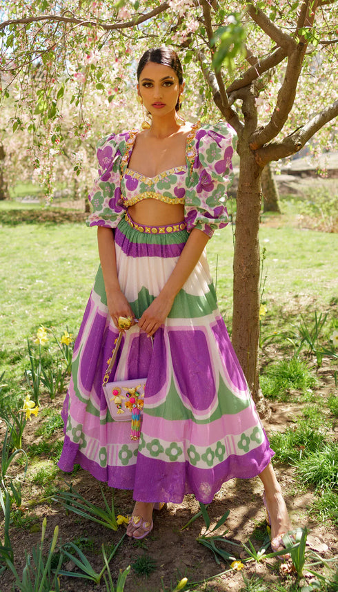 Mosiac- Purple Printed And Embellished Half Lehenga