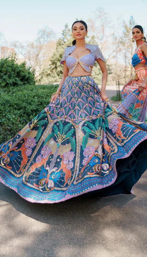 Lyons - Tropical Blue Printed And Embellished Full Lehenga