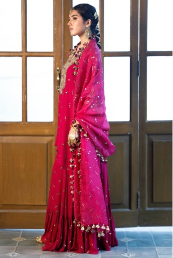 Magenta Pink Embroidered Kaftan And Frill Sharara With Dupatta