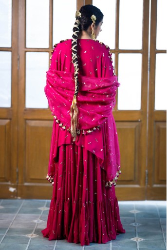 Magenta Pink Embroidered Kaftan And Frill Sharara With Dupatta