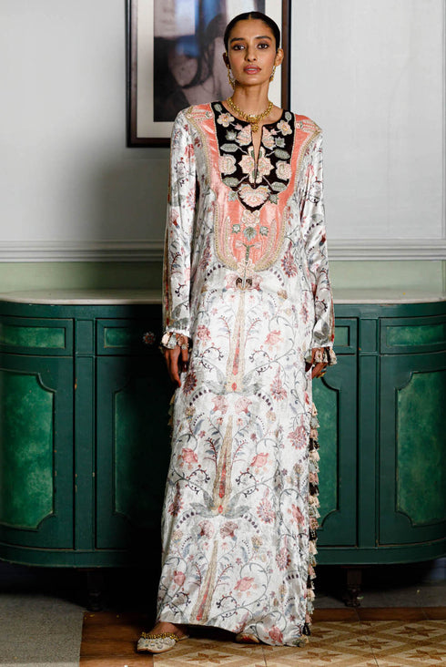 Mehuish Ochre Forest Whisper Printed Embroidered Kaftan