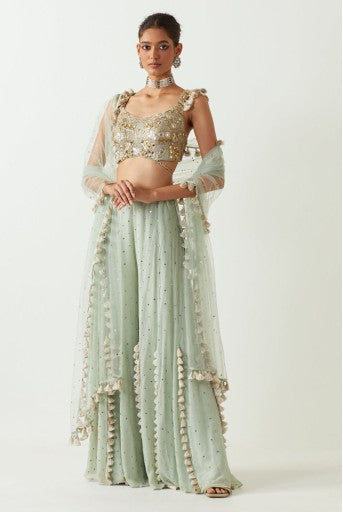 Powder Blue Gerogette Embroidered Choli With Mukaish Georgette Sharara And Mukaish Net Dupatta